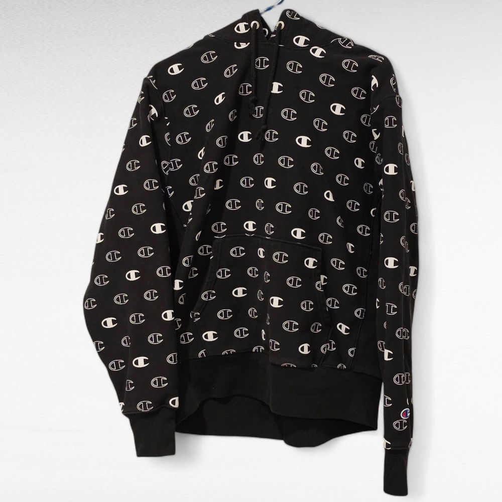 Champion Reverse Weave All Over "C" Logo Black Hoodie Sweatshirt